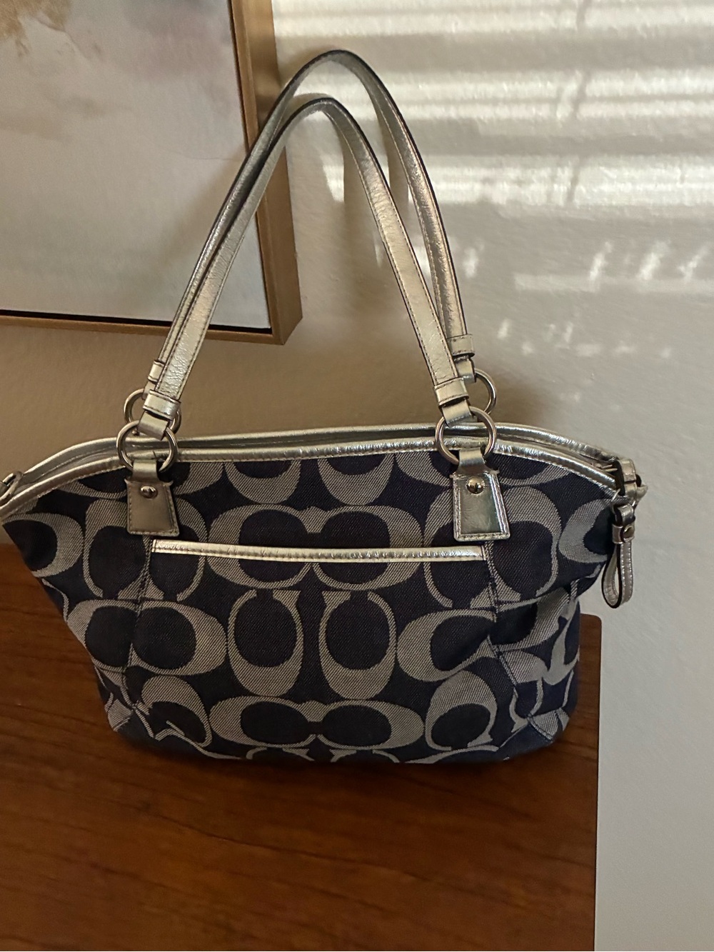COACH Navy Signature Denim Canvas Tote with Silver Accents - Picture 2 of 8
